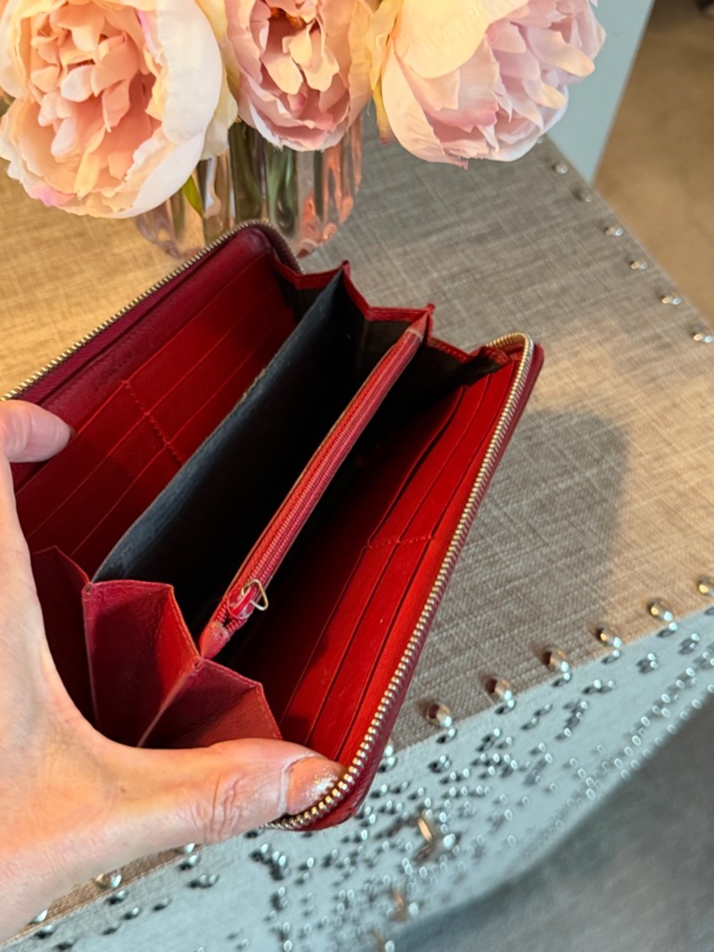 Yves Saint Laurent Red Leather Zip around Long Wallet with Stitched YSL - Picture 10 of 11